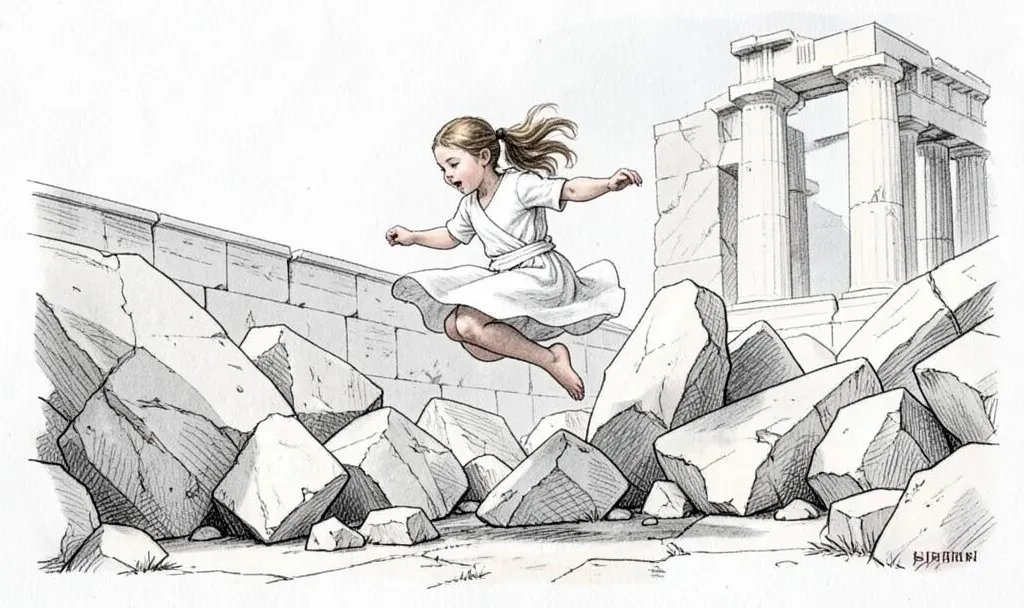 A pencil sketch of a girl in a white robe leaping over fallen marble on the Acropolis