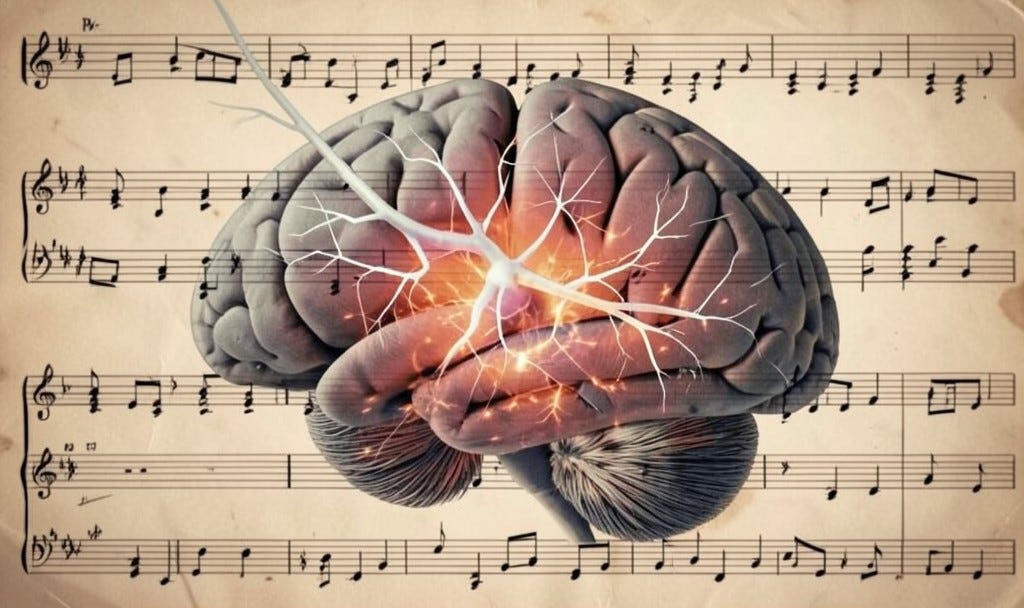 A human brain lit from within, set against a page of musical score