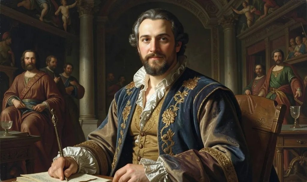 A Renaissance statesman at his writing desk, with a council behind him