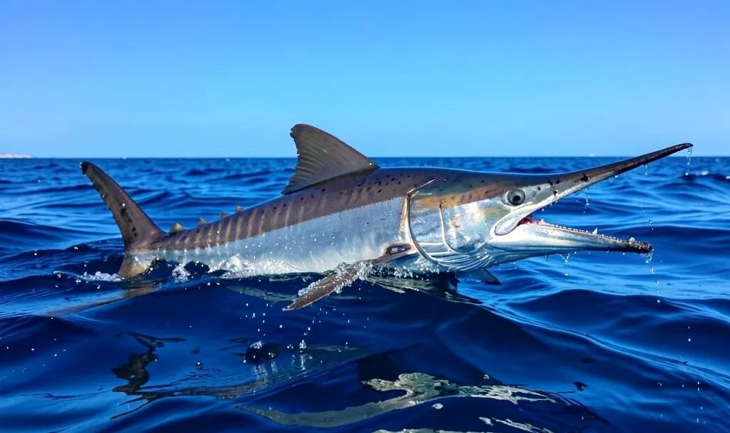 A blue marlin breaking the surface of a deep blue sea