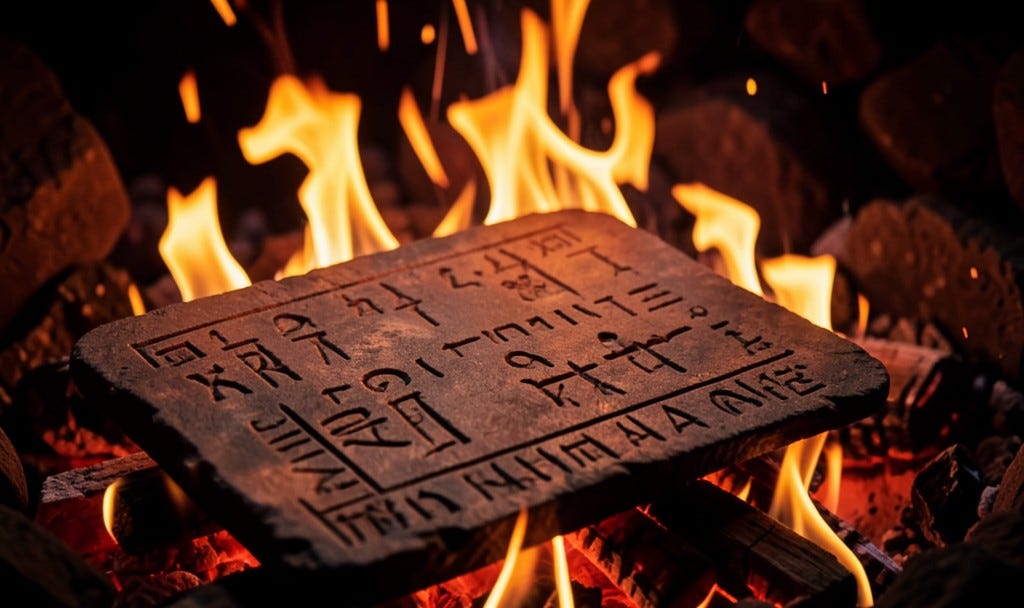 A clay tablet baked hard in a burning city
