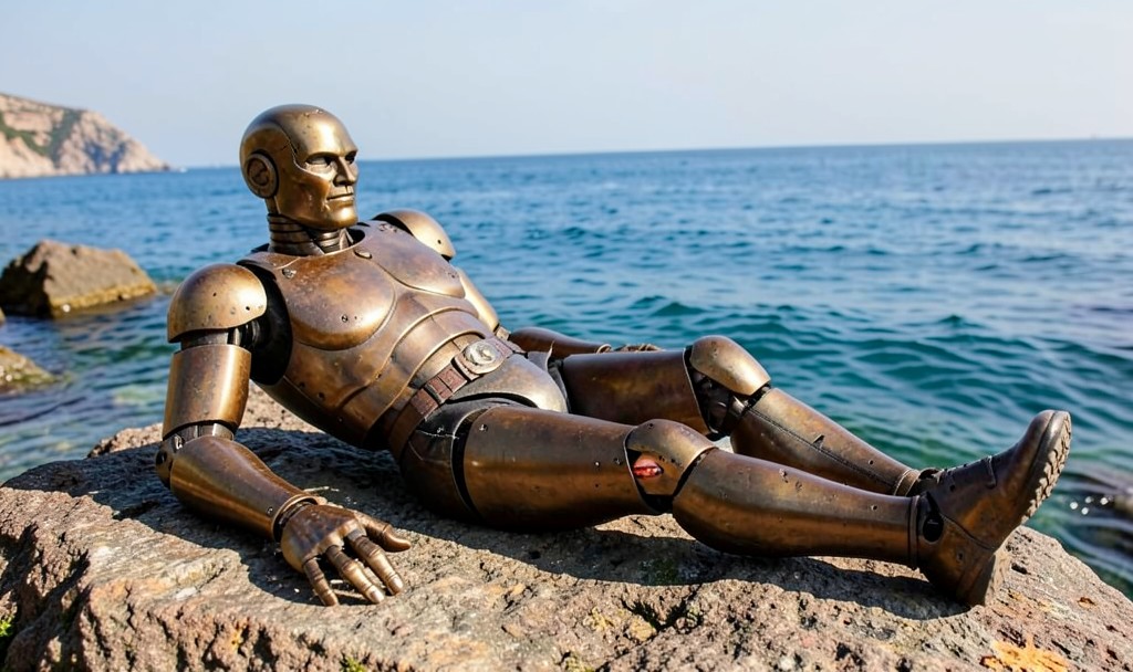 Talos, the bronze giant of Crete, resting on a rock by the sea