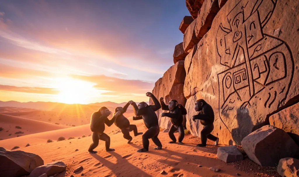 Apes at sunset beside a rock face carved with figures
